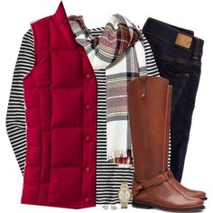 Red Vest Outfit, Outfit With Boots, Vest Outfit, Red Vest, Tartan Scarf, Vest Outfits, Down Vest, Casual Fall Outfits, Western Outfits