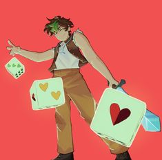 a drawing of a man holding two cards and a bag with hearts on it, standing in front of a red background