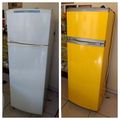 two refrigerators side by side, one yellow and the other white