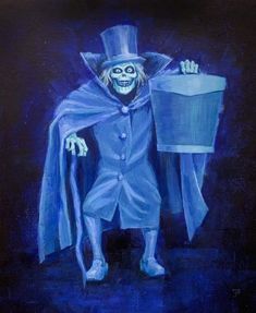 a painting of a skeleton dressed as a magician holding a blue trash can and wearing a top hat