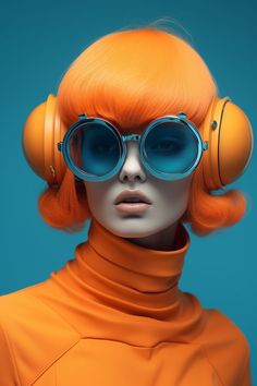 a mannequin wearing headphones and orange wig with blue glasses on her face