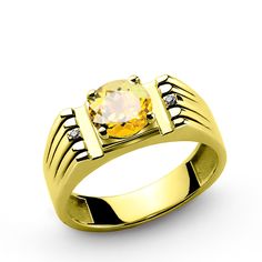 Men's Ring in 10k Gold with Yellow Citrine Gemstone and Natural Diamonds #mensgemstonering #mensgoldring #menstylefashion #mensjewelryshop #jewelsformen #mensjewelryfashion Male Diamond Ring, Blue Topaz Meaning, Man Jewelry, Gents Ring, Birthstone Rings, Men Rings, Mens Rings, Sterling Silver Mens Rings, Round Sapphire