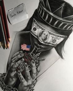 a pencil drawing of a woman with a crown on her head holding a small american flag