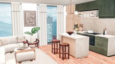 an artist's rendering of a kitchen and living room in a modern apartment overlooking the city