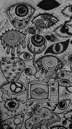 an artistic drawing with many different things in black and white, as well as the eyeballs