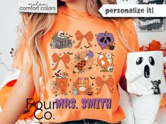 This adorable Comfort Colors teacher tee is perfect for spooky season, and comes in all the fun colors! Size up for oversized fit. Refer to size chart for measurement specifics. SIZING: *Unisex sizing *See size chart image for measurements DESCRIPTION: *SWEATSHIRTS: Unisex heavy blend crewneck sweatshirt Loose fit Runs true to size 50/50 cotton/polyester Sewn-in label No side seems *BELLA + CANVAS TEES: Unisex short sleeve tee 100% Airlume combed and ringspun cotton (fiber content may vary for different colors) Light fabric Tear away label Runs true to size *COMFORT COLORS TEES: Unisex short sleeve tee Medium fabric Relaxed fit Sewn-in twill label 100% ring-spun cotton No side seems *KIDS GILDAN TEES Unisex heavy cotton tee Tear away label  Shoulders have twill tape for improved durability Customizable Tops For School Spirit In Fall, Halloween Crayons, Shirt Coquette, Teacher Halloween, Teachers Halloween, Ghost Shirt, Teacher Tees, Bella Canvas Tees, Comfort Colors Tee