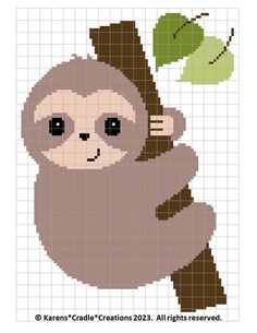 a cross stitch pattern with a slotty hanging from a tree