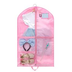 an open pink garment case with shoes and accessories in it on a white background,