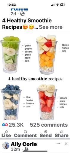 an info board with different types of fruits in cups and the words healthy smoothie on it