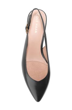 An adjustable slingback strap offers a secure fit and retro appeal on a flat fashioned with a pointy toe for polished sophistication. 1" heel Leather upper/synthetic lining/rubber sole Imported Flat Leather Slingback Pumps For Work, Classic Slingback Pumps With Branded Insole, Leather Flat Slingback Pumps For Office, Flat Black Slingback Pumps For Office, Classic Black Slingback Pumps With Buckle Closure, Black Low Heel Slingback Pumps With Buckle, Classic Ankle Strap Slingback Pumps For Business, Black Low Heel Slingback Pumps With Buckle Closure, Flat Leather Slingback Pumps For Formal Occasions