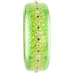 This unique, joyful bangle was created from vintage Prystal in a beautiful transparent green. Inlaid pieces of bright greenish-yellow bakelite taper towards the center and feature a citrine, peridot, smoky quartz or white topaz bezel-set in 18k yellow gold. Prystal pieces are especially rare. Metal 18-Karat Yellow Gold (Au750) Gemstones Citrine 0.96 ctwPeridot 1.28 ctwSmoky Quartz 0.96 ctwWhite Topaz 1.35 ctw Dimensions Inner Diameter 65.00 mm (2.54 in)Inner Circumference 204.20 mm (8.04 in)Widt Green Jeweled Bangle Bracelets, Green Jeweled Bangle For Party, Party Green Jeweled Bangle, Unique Bangle, Bakelite Bangles, White Topaz, Smoky Quartz, Bezel Setting, Ring Necklace