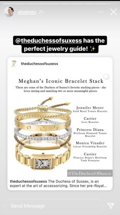 Cartier Love Bracelet Stack Ideas, Cartier Love Bracelet Apple Watch, Style Cartier Love Bracelet, Stacked Watch And Bracelets, Stackable Bracelets With Watch, Michele Watch Stack, Meghan Markle Bracelet Stack, Tennis Bracelet Diamond Cartier, Elegant Jewelry Classy Gold