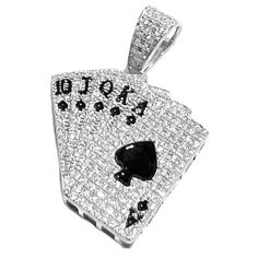 "Playing Cards iced flooded-out hip hop pendant. Excellent cut 1.7ct D Color VVS1 moissanite. Authentic moissanite will pass a diamond tester. Stones will show as moissanite on lab assays. Real solid 925 sterling silver pendant piece. Bale loop fits most chains up to 4 mm thick. Measures 1.5\" tall with bale and x 1\" wide The pendant bale is stamped with \"M 925\". Real 925 pendant won't ever turn green. Nice solid weight to it at approx 7 grams. Go for the win with our Royal Flush piece." Custom Grillz, Royal Flush, Diamond Tester, Mold Kit, Texas Holdem, Sterling Silver Pendant, Solid 925 Sterling Silver, Sterling Silver Pendants, Silver Pendant