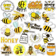 bees and honey stickers are shown in this image, with the words bee happy on them