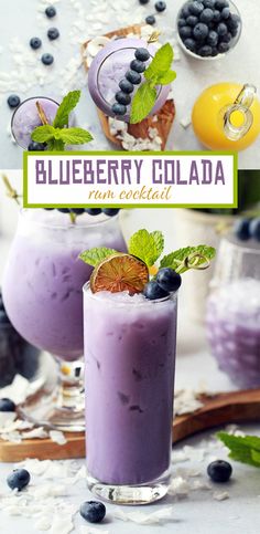 two glasses filled with blueberry collada and topped with fresh mint garnish