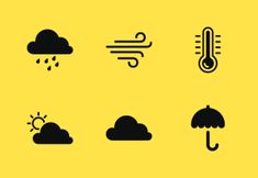 black and yellow weather icons on a yellow background with clouds, umbrellas and raindrops