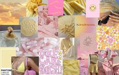 a collage of different images with pink and yellow