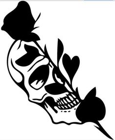 a black and white drawing of a skull holding a rose