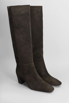 High heels boots in dark brown suede, square toe, slip on, straight leg, block heel, 60 mm heel, leather sole, 100% suede, Made in Italy Suede Heeled Boots With Square Toe, Square Toe Suede Heeled Boots, Brown Suede Knee-high Boots With Block Heel, Suede Heeled Boots With Square Toe And Suede Lining, Square Toe Suede Heeled Boots With Suede Lining, Suede Knee-high Boots With Stacked Heel For Work, Suede Knee-high Boots With Reinforced Heel For Work, Suede Block Heel Knee-high Boots For Work, High Heels Boots