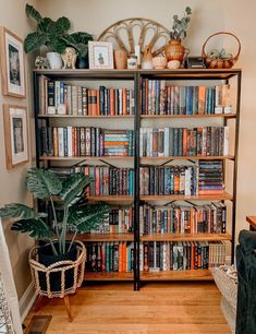 a bookshelf filled with lots of books next to a chair and potted plant