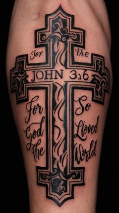 a cross tattoo with the words for john and jesus on it