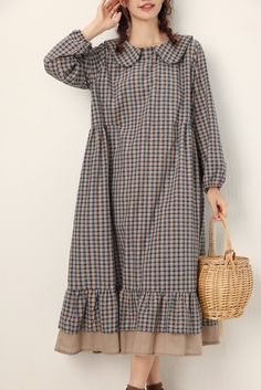 Sku CY-!125619 Material Cotton Style Long sleeve Feature Plaid Neckline Doll neck Occasion Casual, Vintage Seasons Spring, Summer Type Midi Dress Color Gray, Red Size L/XL Size Chart: Please consult the size chart we provide for this item's measurements to help you decide which size to buy. Please note: There may be 1-3cm difference due to manual measurement CM Bust Length L/XL 128 130 Long Sleeve Ideas, Easy Diy Clothes, Midi Dress Outfit, Moslem Fashion, Modele Hijab, Beautiful Casual Dresses, Mori Girl Fashion, Cotton Long Dress, Dress Design Patterns