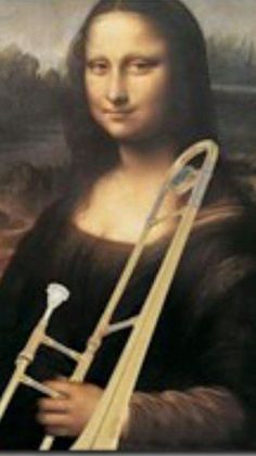 a painting with a trombone in it's hand and an image of the monaine holding