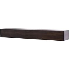 a wooden shelf that is on top of a white wall and has a black base