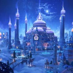 a fantasy city with lots of tall buildings in the sky and lights shining on them