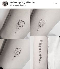 three different tattoos on the legs of people, one with hearts and flowers in them