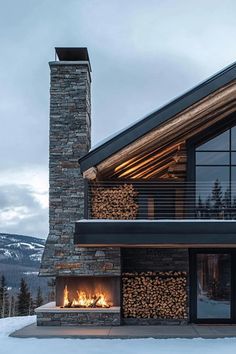 a house with a fireplace in front of it and snow on the ground around it