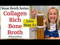 a woman holding up a jar of liquid with the words collagen rich bone broth