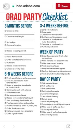 the grad party checklist is shown in red, white and blue with text