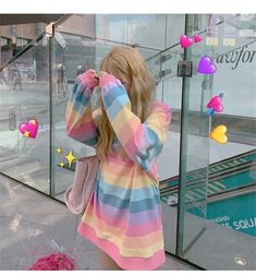 Aesthetic Clothing Stores, Egirl Outfits, Rainbow Tee, Girl Rainbow, Y2k Aesthetic Outfits, Striped Long Sleeve Tee, Vsco Girl, Striped Sweatshirts, Long Sleeve Striped Top