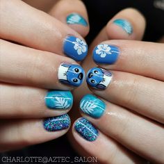 Nail Art Designs Stitch, Stitch Disney Nails Easy, Stitch Nails For Kids, Olivia Nails, Disney Gel Nails, Stitch Nails, Cartoon Nail Designs