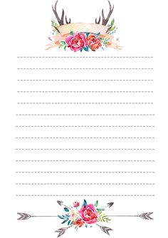 a blank note with flowers and antlers on it