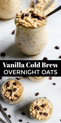 vanilla cold brew overnight oatmeal with chocolate chips in the background and text overlay