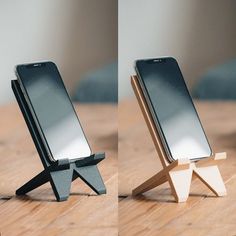 two photographs of a cell phone on a stand with one being reflected in the mirror