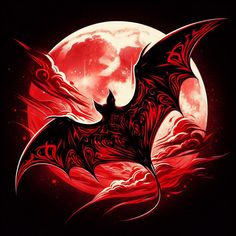 a bat flying in front of a full moon with red swirls on it's wings