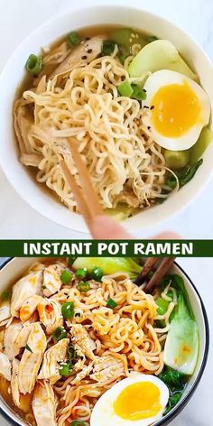 two pictures showing different types of ramen noodles and an egg in the same bowl