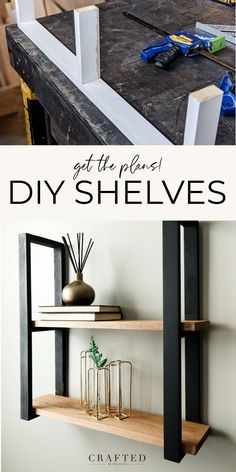 some shelves that are being built in the living room with text overlay reading get the plans diy shelves