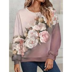 Season:Fall  Winter,Spring; Fabric:Polyester; Sleeve Length:Long Sleeve; Look After Me:Machine wash,Washable; Gender:Women's; Style:Casual; Elasticity:Micro-elastic; Occasion:Dailywear,Going out; Fit Type:Regular Fit; Pattern:Floral; Design:Print; Neckline:Round Neck; Brand:Shall We; Sports Clothing Sub Category:Sweatshirt; Listing Date:07/17/2024; Bust:null; Length:null; Sleeve:null; Fit US Size:null; Fit UK Size:null; Fit EU Size:null Winter Floral Print Sweatshirt, Oversized Floral Print Sweatshirt, Fall Winter 2024, Sports Clothing, Sweatshirts Online, Women Hoodies Sweatshirts, Winter 2024, Pullover Sweatshirts, Purple Floral