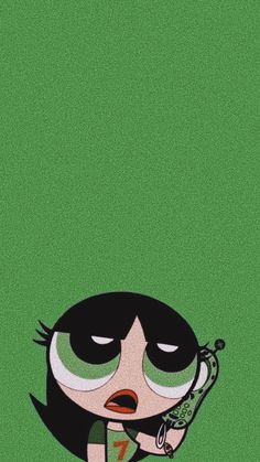 the powerpuff girls cartoon character with green eyes and black hair holding a cell phone to her ear