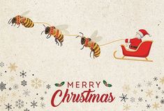 a christmas card with bees pulling santa on a sleigh