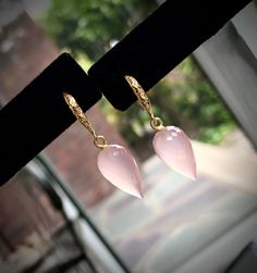 "🌸 GENUINE PINK CHALCEDONY FACETED REVERSE TEARDROP Dangle Earrings 🌸 with 14K Gold Filled Art Nouveau Carved Ear Wires 🌸 These Exquisite Gemstones Will Glow On Your Ears 🌸 Perfect For the October Birthday Girl, The Bride, Bride's Maid or Everyday earrings that can go out on the Town 🌸 PINK CHALCEDONY is a form of quartz - Chalcedony occurs in a wide range of varieties. Many semi-precious gemstones are in fact forms of chalcedony, but Pink Chalcedony is not the same gemstone as Pink Quartz or Rose Quartz. 🌸 Gemstone drops alone are: 16mm x 9mm 🌸 1 3/8\" Long from top of wire to bottom of Drop x 3/8\" Wide 🦋 A PRETTY GIFT BOX IS INCLUDED WITH YOUR PURCHASE  🌈 GUARANTEE All my workmanship is guaranteed - if something comes un-done due to workmanship defect please convo me about how Wedding Gemstone Teardrop Earrings, Wedding Teardrop Gemstone Earrings, Pink Gemstone Teardrop Earrings, Fine Jewelry Pink Teardrop Earrings, Pink Briolette Earrings For Wedding, Pink Briolette Jewelry For Wedding, Pink Pierced Jewelry For Formal Occasions, Pink Pear-shaped Earrings For Anniversary, Pink Briolette Earrings For Pierced Ears