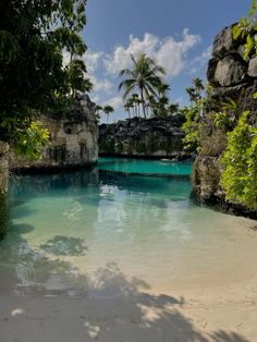 the water is very clear and blue in this tropical area with palm trees on either side