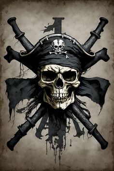 a skull wearing a pirate hat with two crossed swords on it's head and the number one