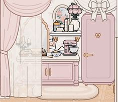 an illustration of a kitchen with pink cabinets and white curtains on the window sill