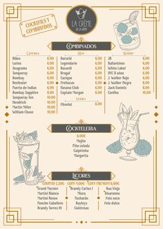 a menu for a cocktail bar with an image of the drinks and prices on it