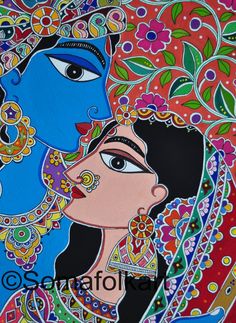 a painting of two women with colorful hair and jewelry